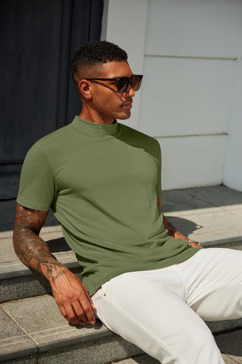 imageCOOFANDY Mens Mock Turtleneck Shirts Short Sleeve Casual Basic TShirts Ribbed Solid Pullover TopsArmy Green