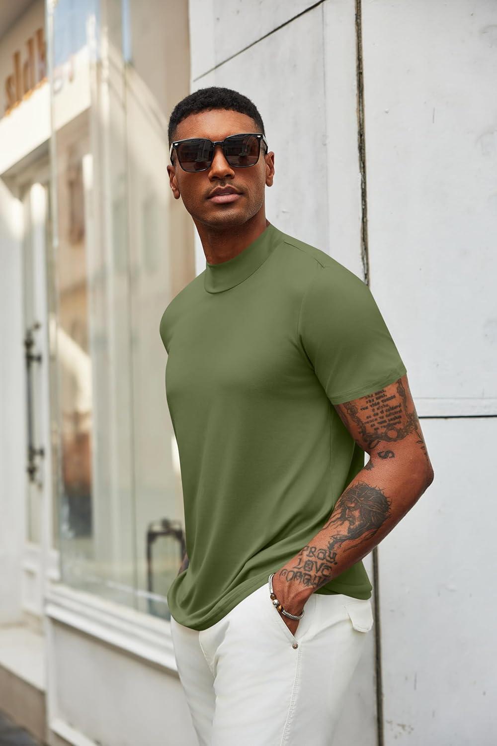 imageCOOFANDY Mens Mock Turtleneck Shirts Short Sleeve Casual Basic TShirts Ribbed Solid Pullover TopsArmy Green