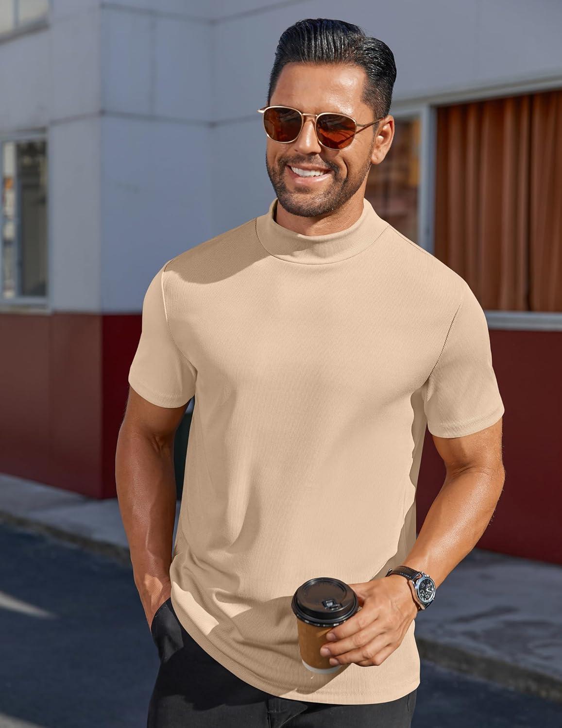 imageCOOFANDY Mens Mock Turtleneck Shirts Short Sleeve Casual Basic TShirts Ribbed Solid Pullover TopsBeige
