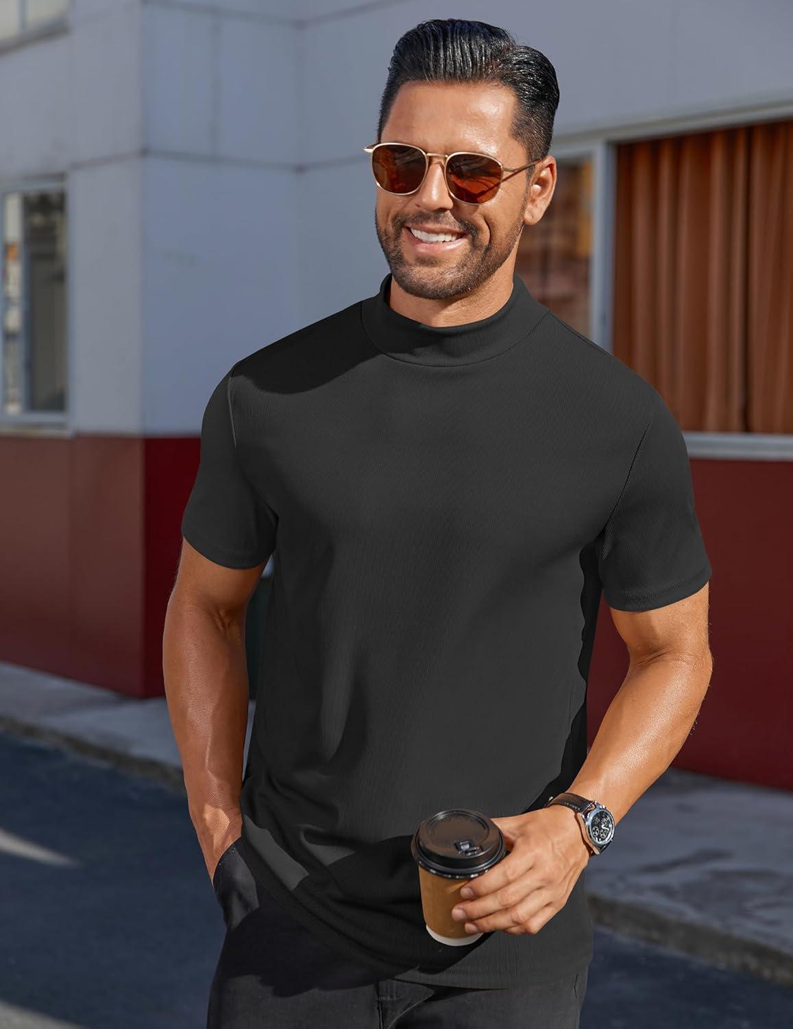 imageCOOFANDY Mens Mock Turtleneck Shirts Short Sleeve Casual Basic TShirts Ribbed Solid Pullover TopsBlack