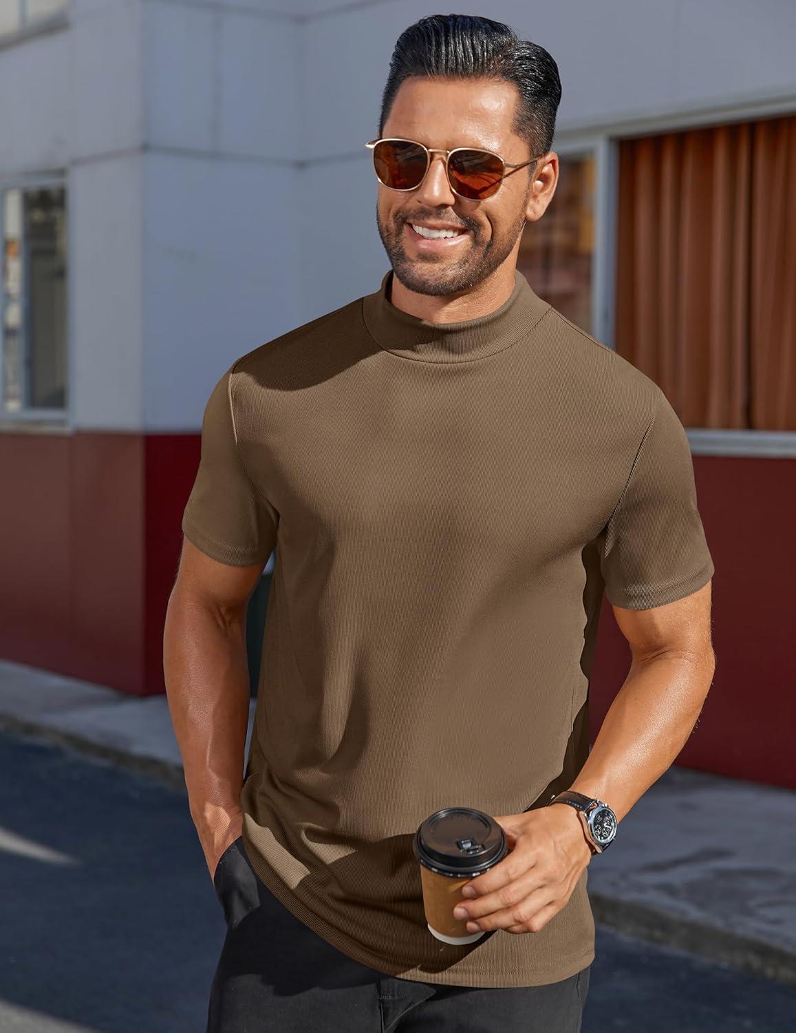 imageCOOFANDY Mens Mock Turtleneck Shirts Short Sleeve Casual Basic TShirts Ribbed Solid Pullover TopsBrown