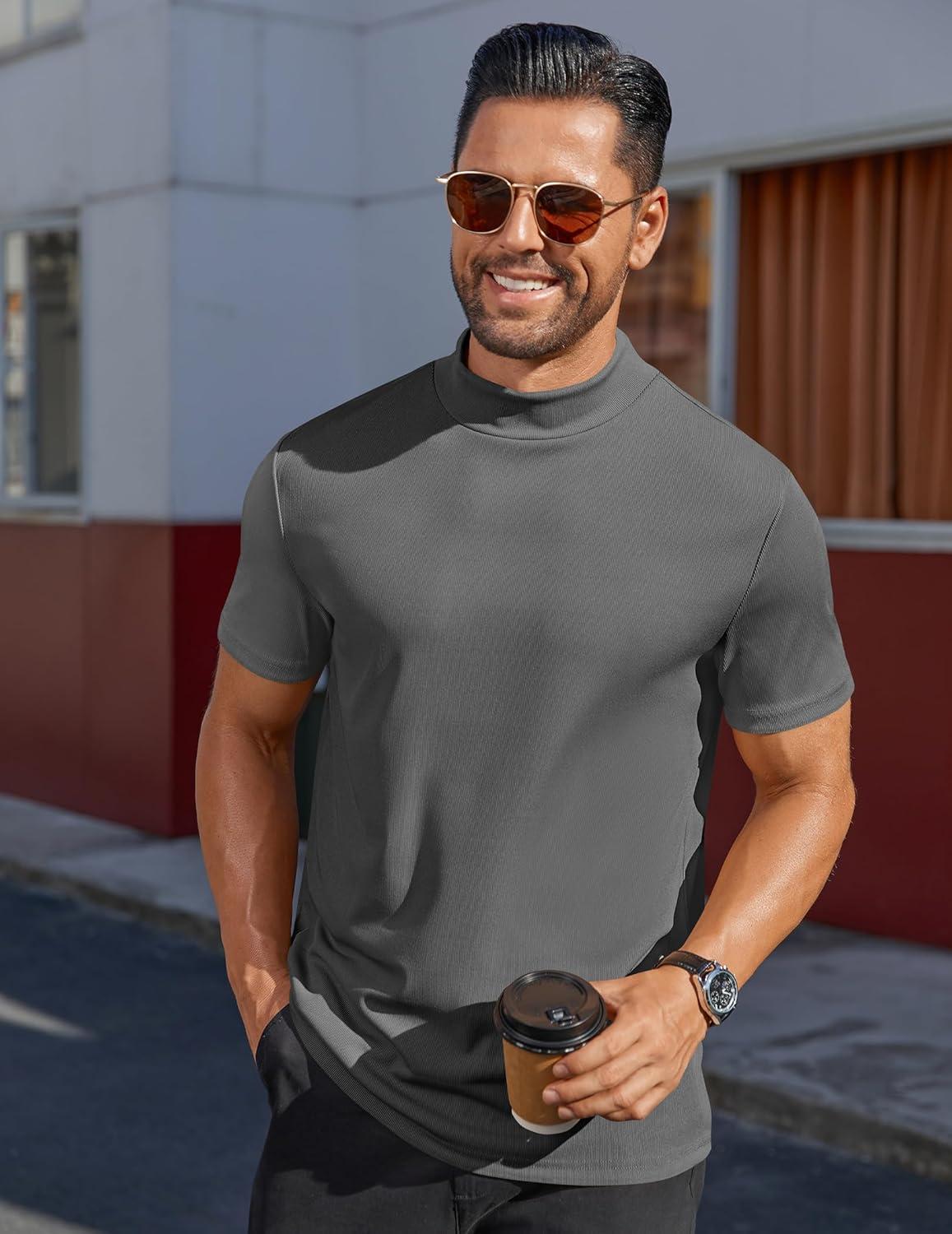 imageCOOFANDY Mens Mock Turtleneck Shirts Short Sleeve Casual Basic TShirts Ribbed Solid Pullover TopsDark Grey