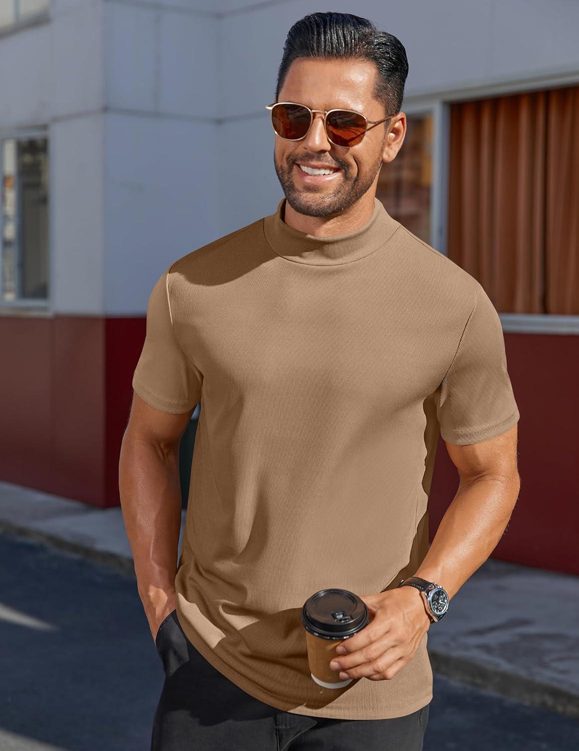 imageCOOFANDY Mens Mock Turtleneck Shirts Short Sleeve Casual Basic TShirts Ribbed Solid Pullover TopsKhaki