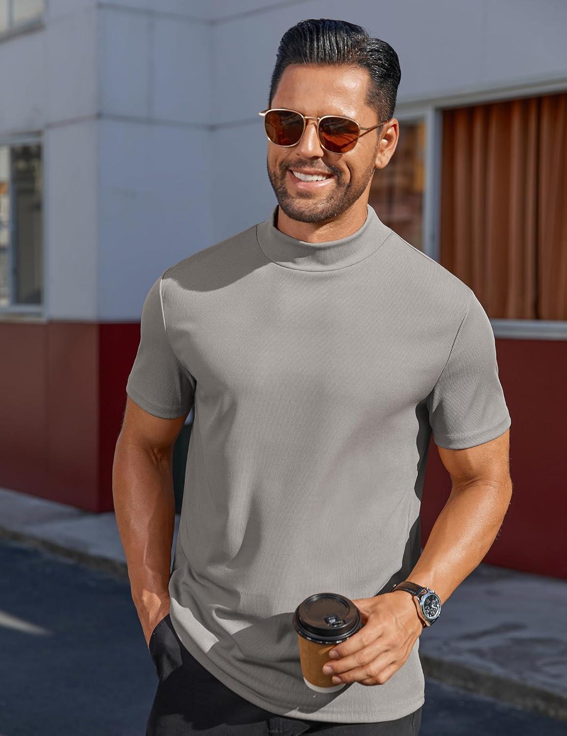 imageCOOFANDY Mens Mock Turtleneck Shirts Short Sleeve Casual Basic TShirts Ribbed Solid Pullover TopsLight Grey