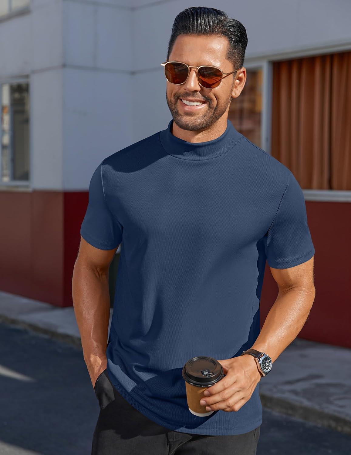imageCOOFANDY Mens Mock Turtleneck Shirts Short Sleeve Casual Basic TShirts Ribbed Solid Pullover TopsNavy Blue