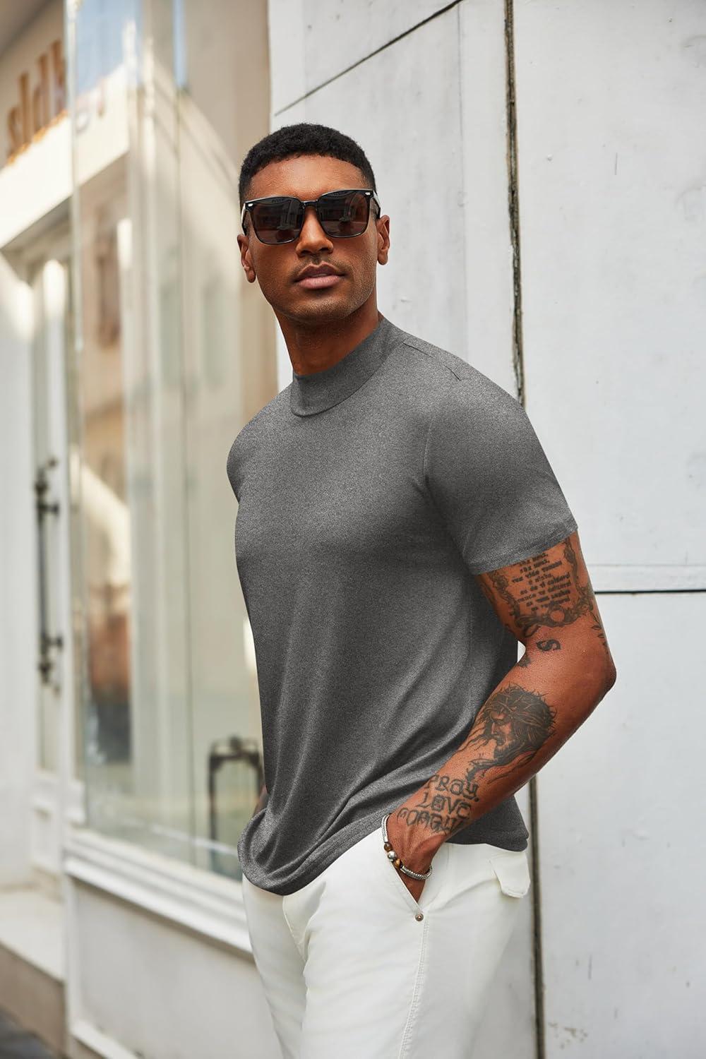 imageCOOFANDY Mens Mock Turtleneck T Shirt Short Sleeve Slim Fit Basic Casual Undershirt Solid Color Pullover TeeAdark Grey
