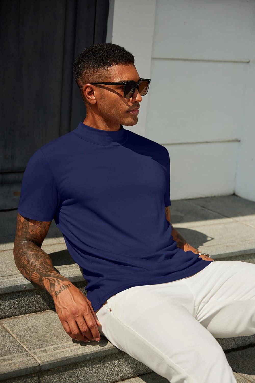 imageCOOFANDY Mens Mock Turtleneck T Shirt Short Sleeve Slim Fit Basic Casual Undershirt Solid Color Pullover TeeAnavy Blue
