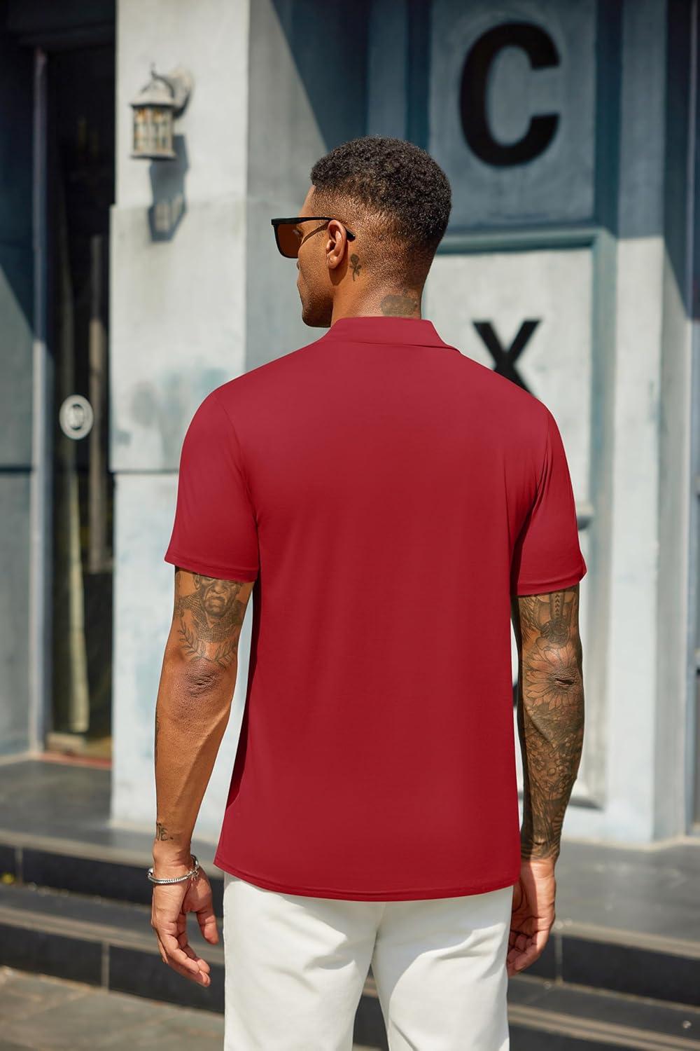 imageCOOFANDY Mens Mock Turtleneck T Shirt Short Sleeve Slim Fit Basic Casual Undershirt Solid Color Pullover TeeAwine Red