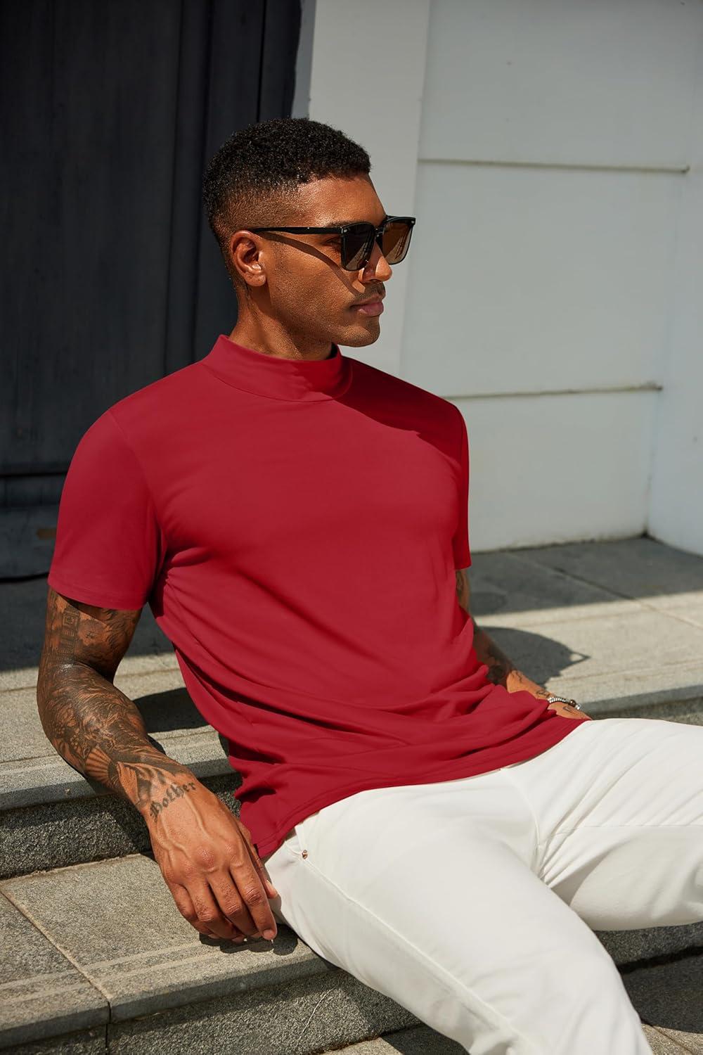imageCOOFANDY Mens Mock Turtleneck T Shirt Short Sleeve Slim Fit Basic Casual Undershirt Solid Color Pullover TeeAwine Red