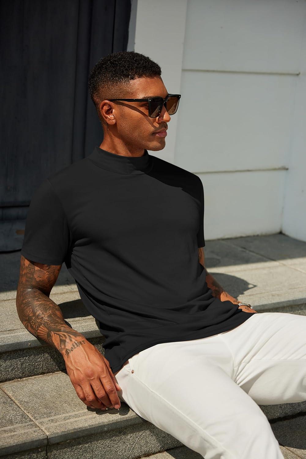 imageCOOFANDY Mens Mock Turtleneck T Shirt Short Sleeve Slim Fit Basic Casual Undershirt Solid Color Pullover TeeB2 Pack Black