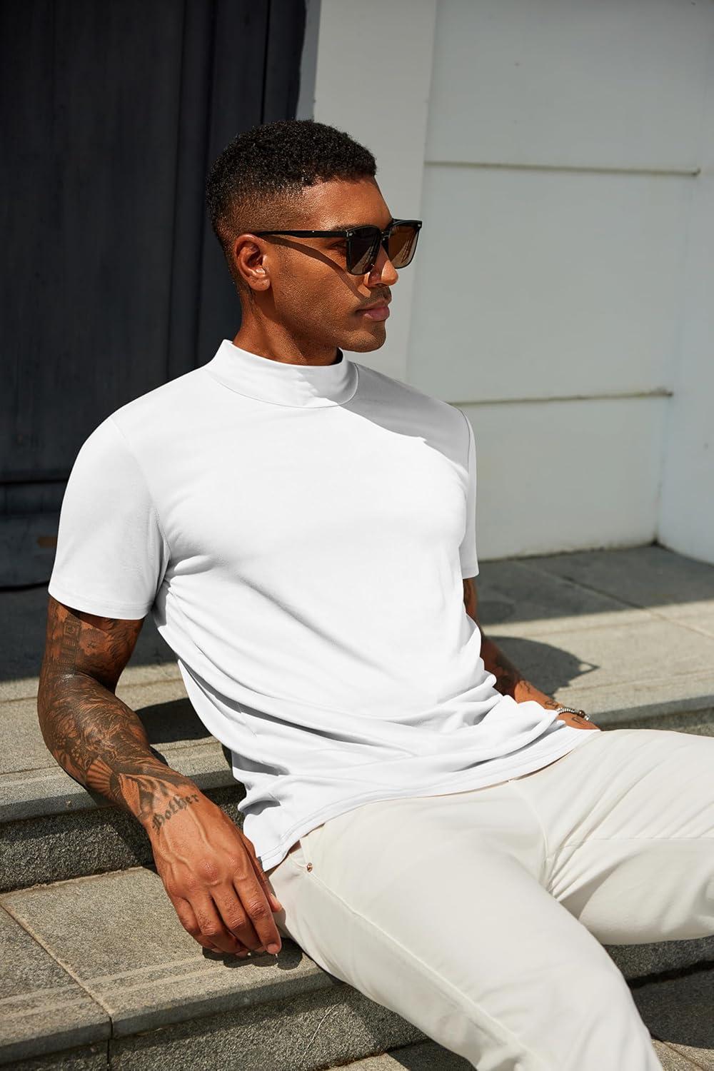 imageCOOFANDY Mens Mock Turtleneck T Shirt Short Sleeve Slim Fit Basic Casual Undershirt Solid Color Pullover TeeBblackWhite