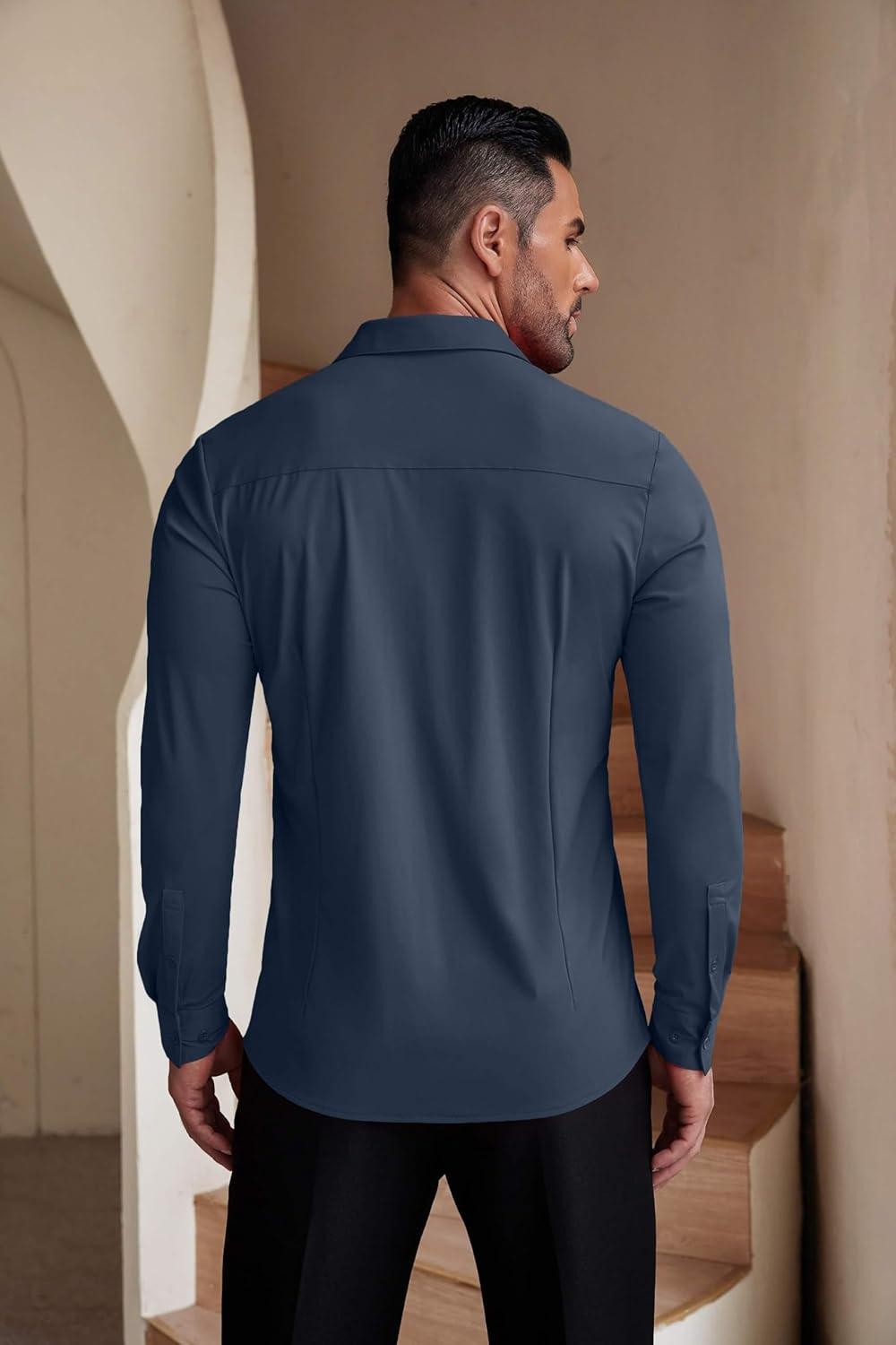 imageCOOFANDY Mens Muscle Fit Dress Shirts WrinkleFree Long Sleeve Casual Button Down ShirtsDark Blue