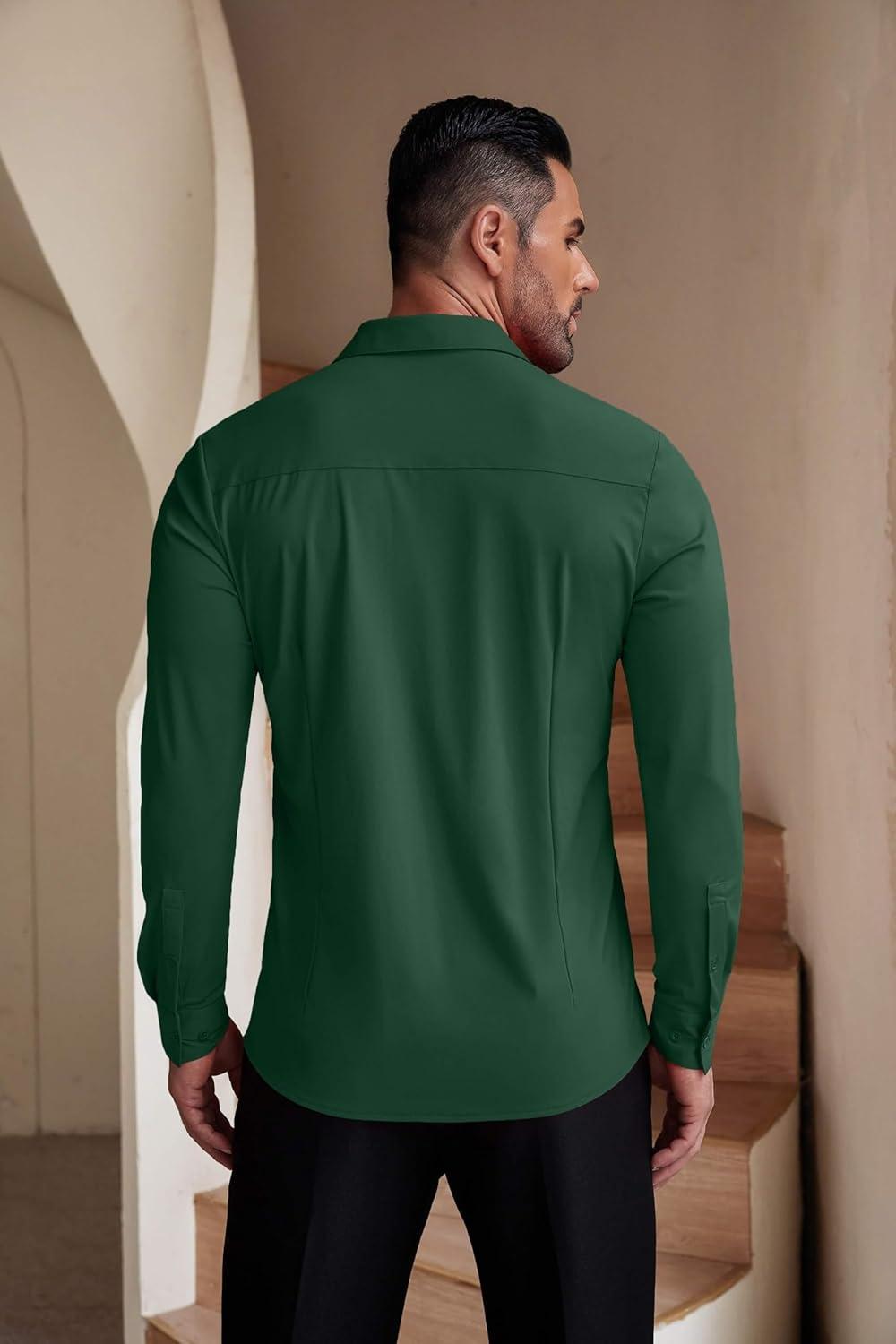imageCOOFANDY Mens Muscle Fit Dress Shirts WrinkleFree Long Sleeve Casual Button Down ShirtsGreen