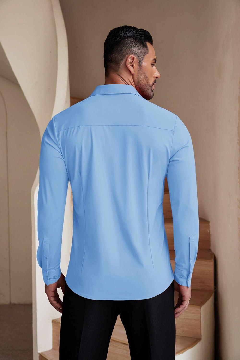 imageCOOFANDY Mens Muscle Fit Dress Shirts WrinkleFree Long Sleeve Casual Button Down ShirtsLight Blue