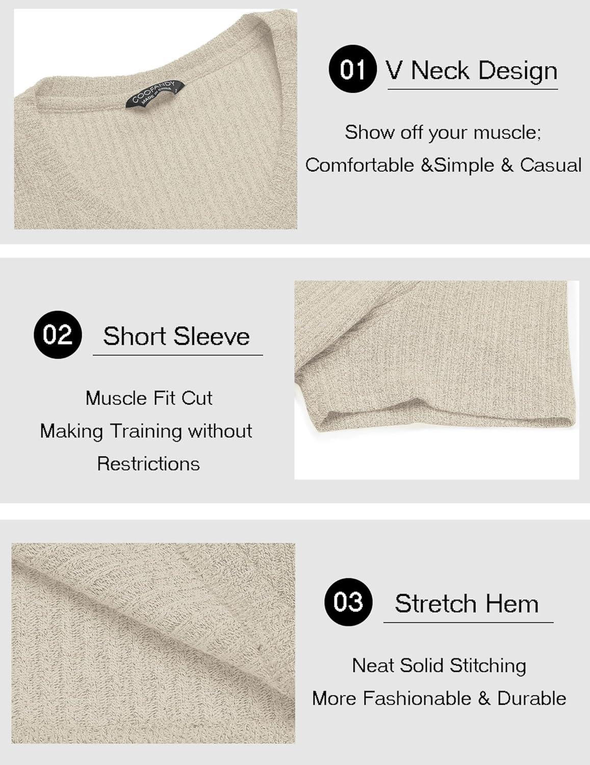 imageCOOFANDY Mens Muscle T Shirts Stretch Short Sleeve V Neck Bodybuilding Workout Tee Shirts Ribbed Knit ShirtLight Khaki