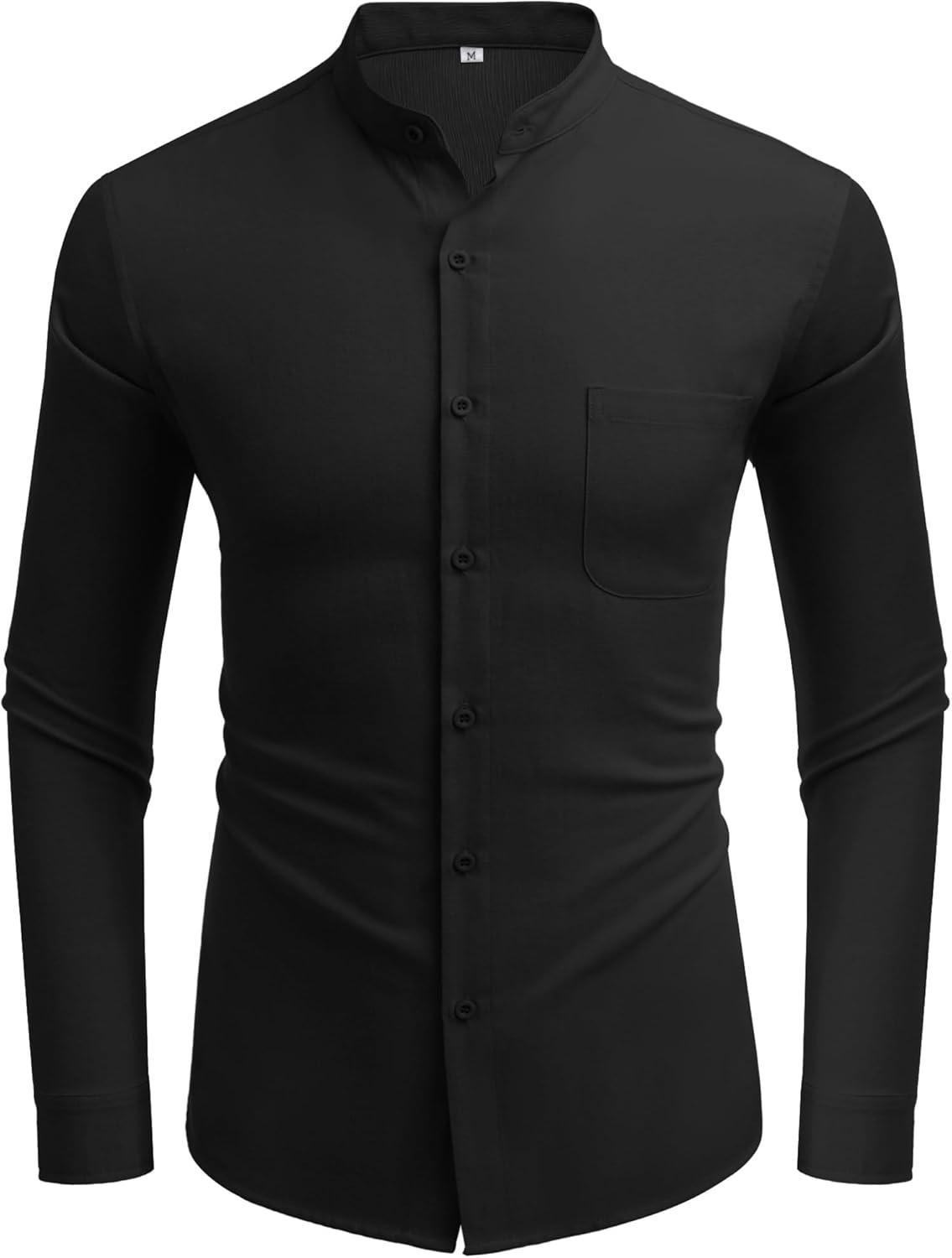 imageCOOFANDY Mens Oxford Shirts Long Sleeve Casual Button Down Shirts Band Collar Dress Shirt with PocketBlack