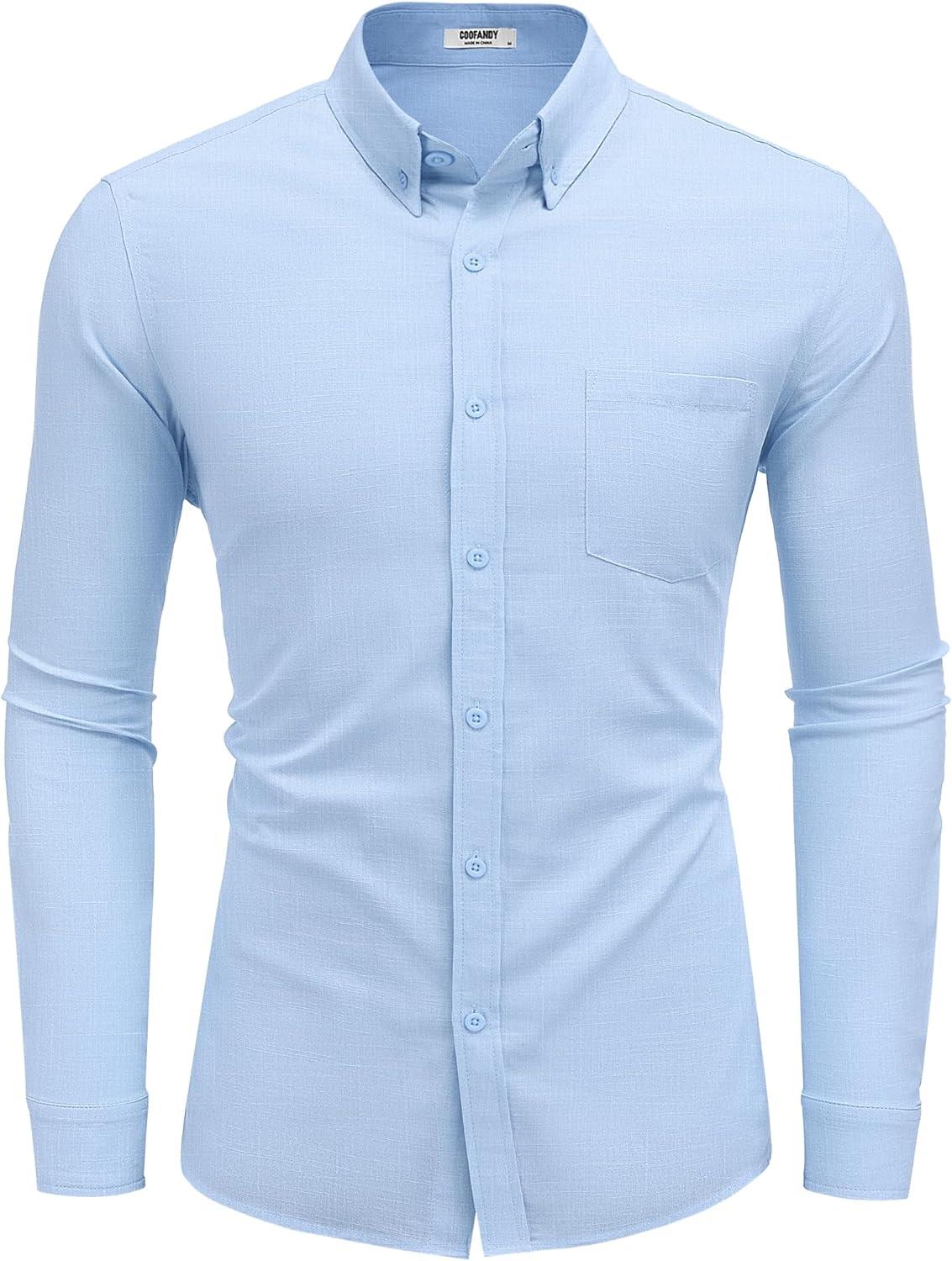 imageCOOFANDY Mens Oxford Shirts Long Sleeve Casual Button Down Shirts Band Collar Dress Shirt with PocketLight Blue