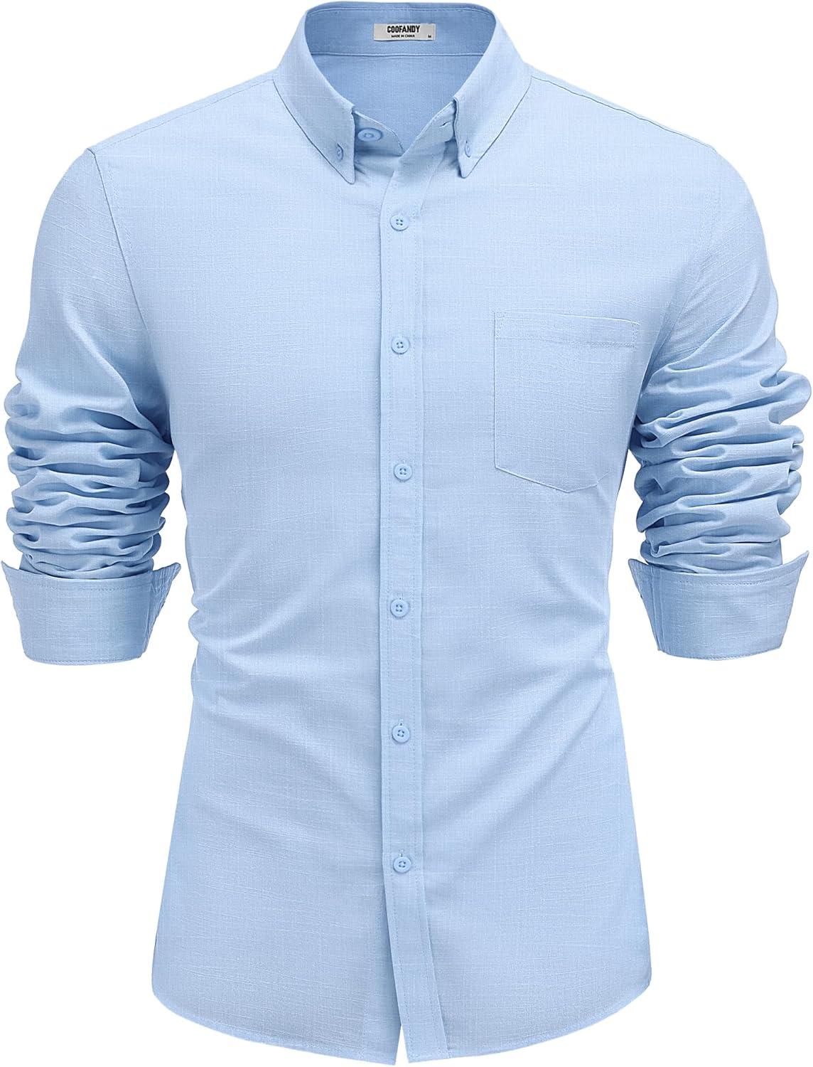 imageCOOFANDY Mens Oxford Shirts Long Sleeve Casual Button Down Shirts Band Collar Dress Shirt with PocketLight Blue