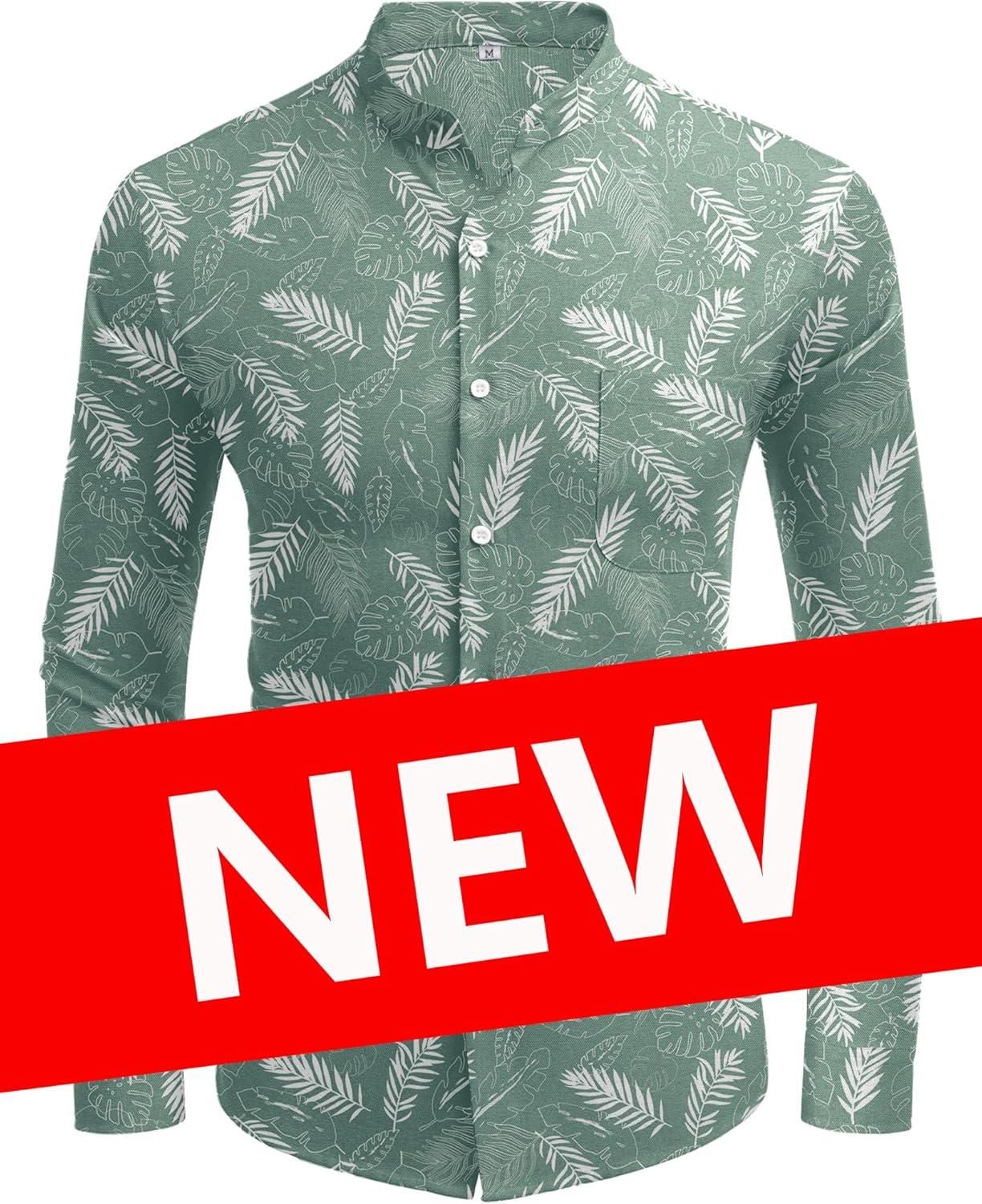 imageCOOFANDY Mens Oxford Shirts Long Sleeve Casual Button Down Shirts Band Collar Dress Shirt with PocketPalm Leaf Green