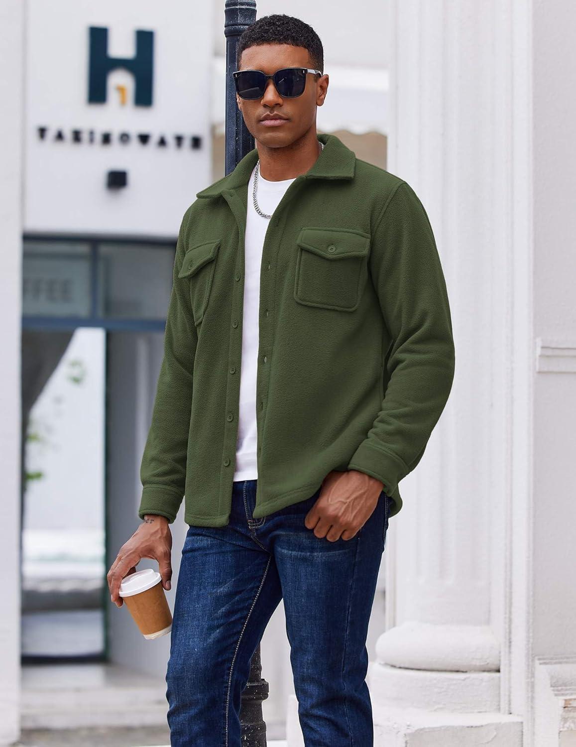 imageCOOFANDY Mens Polar Fleece Shirt Jacket Long Sleeve Casual Button Down Shirts Shacket with PocketsArmy Green