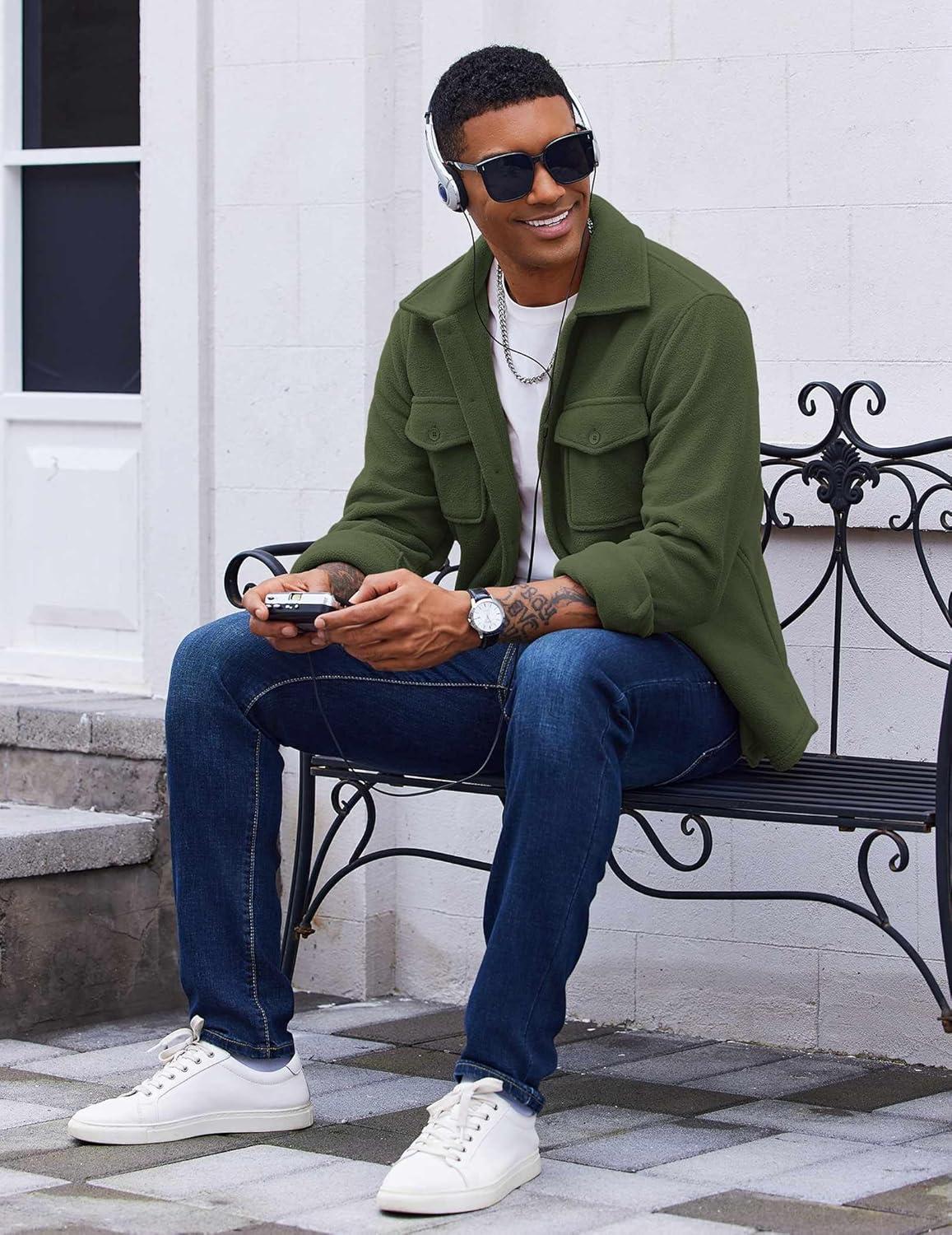 imageCOOFANDY Mens Polar Fleece Shirt Jacket Long Sleeve Casual Button Down Shirts Shacket with PocketsArmy Green