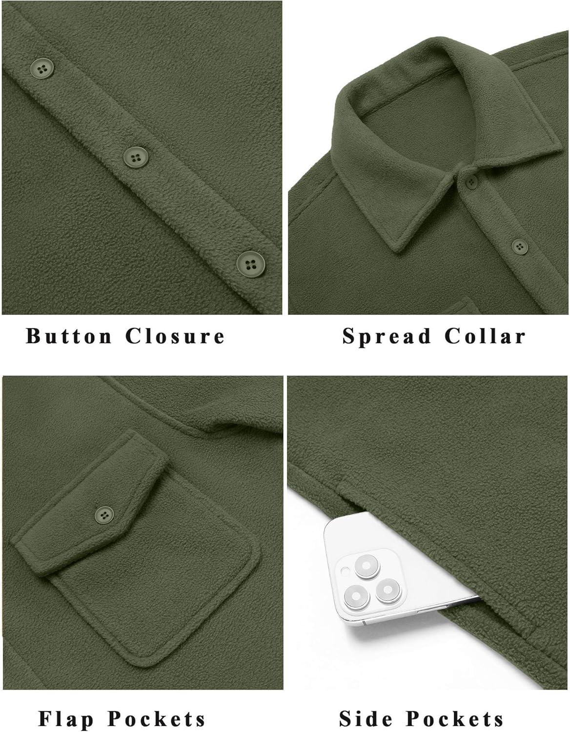 imageCOOFANDY Mens Polar Fleece Shirt Jacket Long Sleeve Casual Button Down Shirts Shacket with PocketsArmy Green