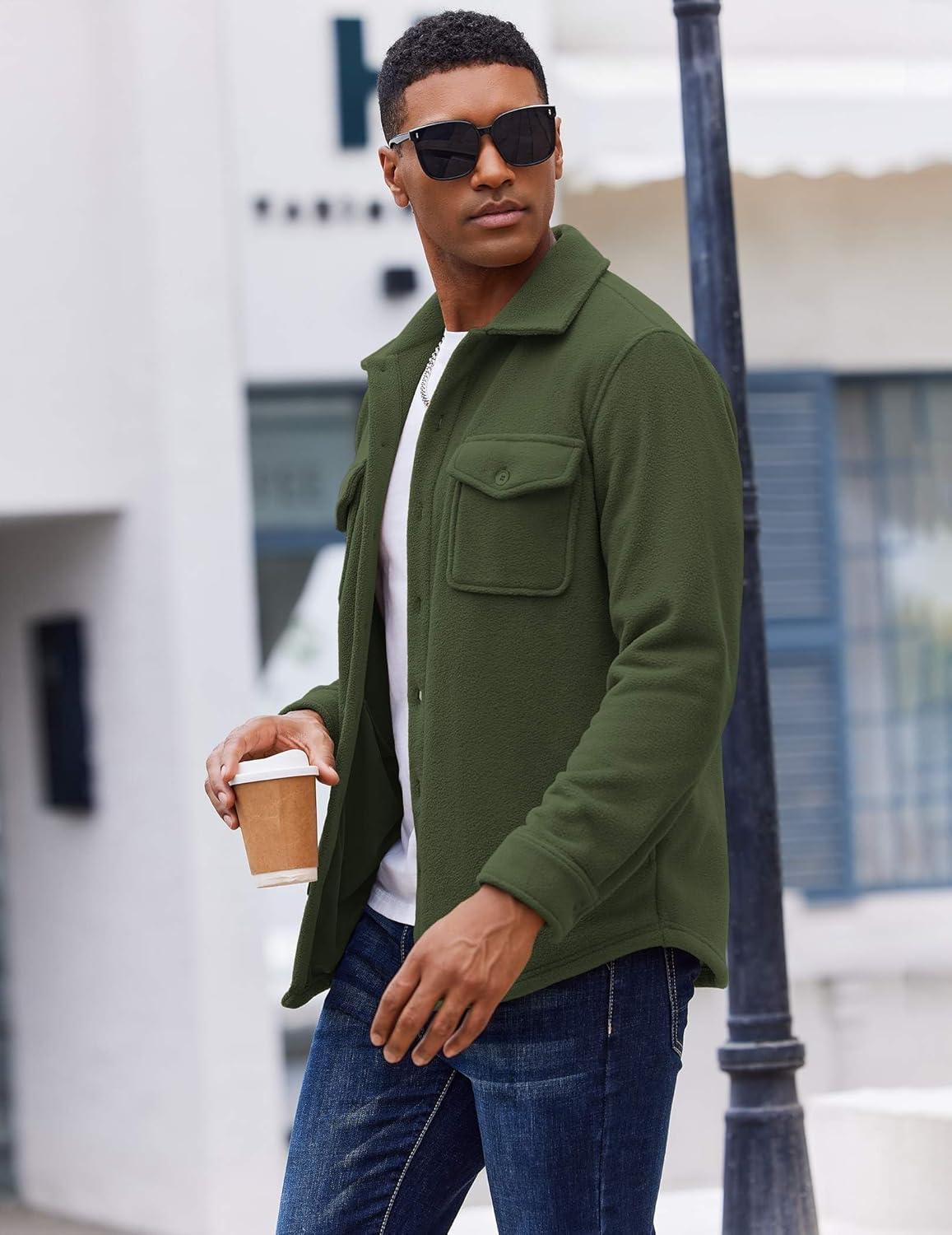 imageCOOFANDY Mens Polar Fleece Shirt Jacket Long Sleeve Casual Button Down Shirts Shacket with PocketsArmy Green
