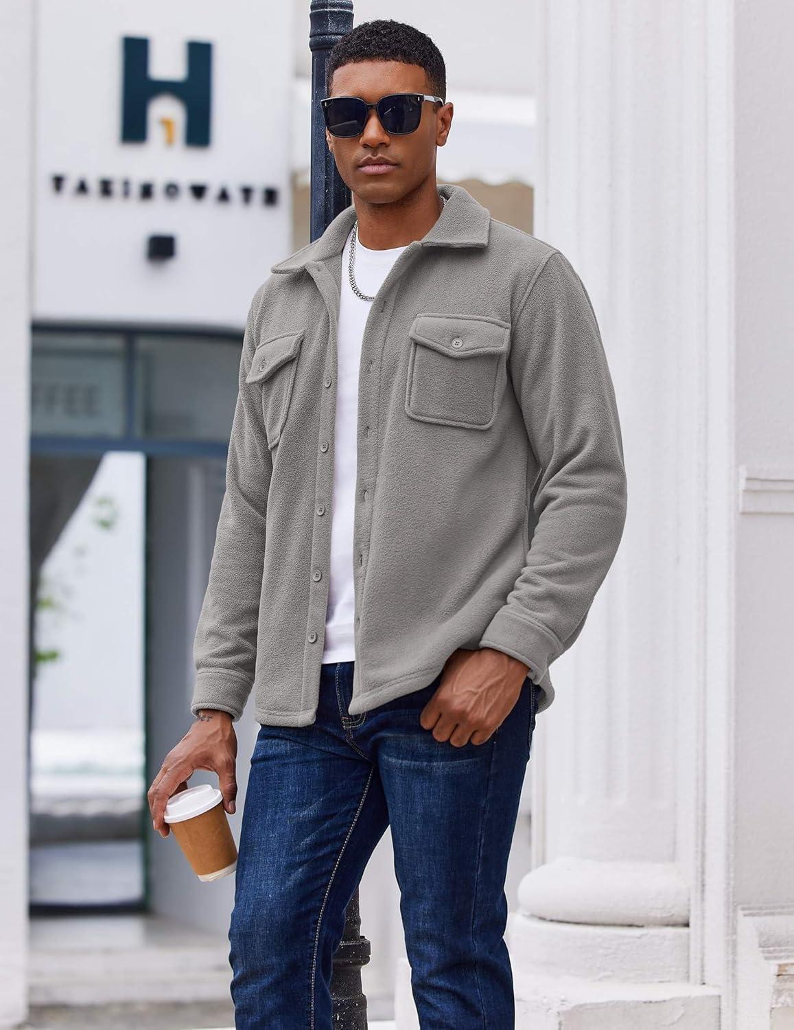 imageCOOFANDY Mens Polar Fleece Shirt Jacket Long Sleeve Casual Button Down Shirts Shacket with PocketsLight Gray