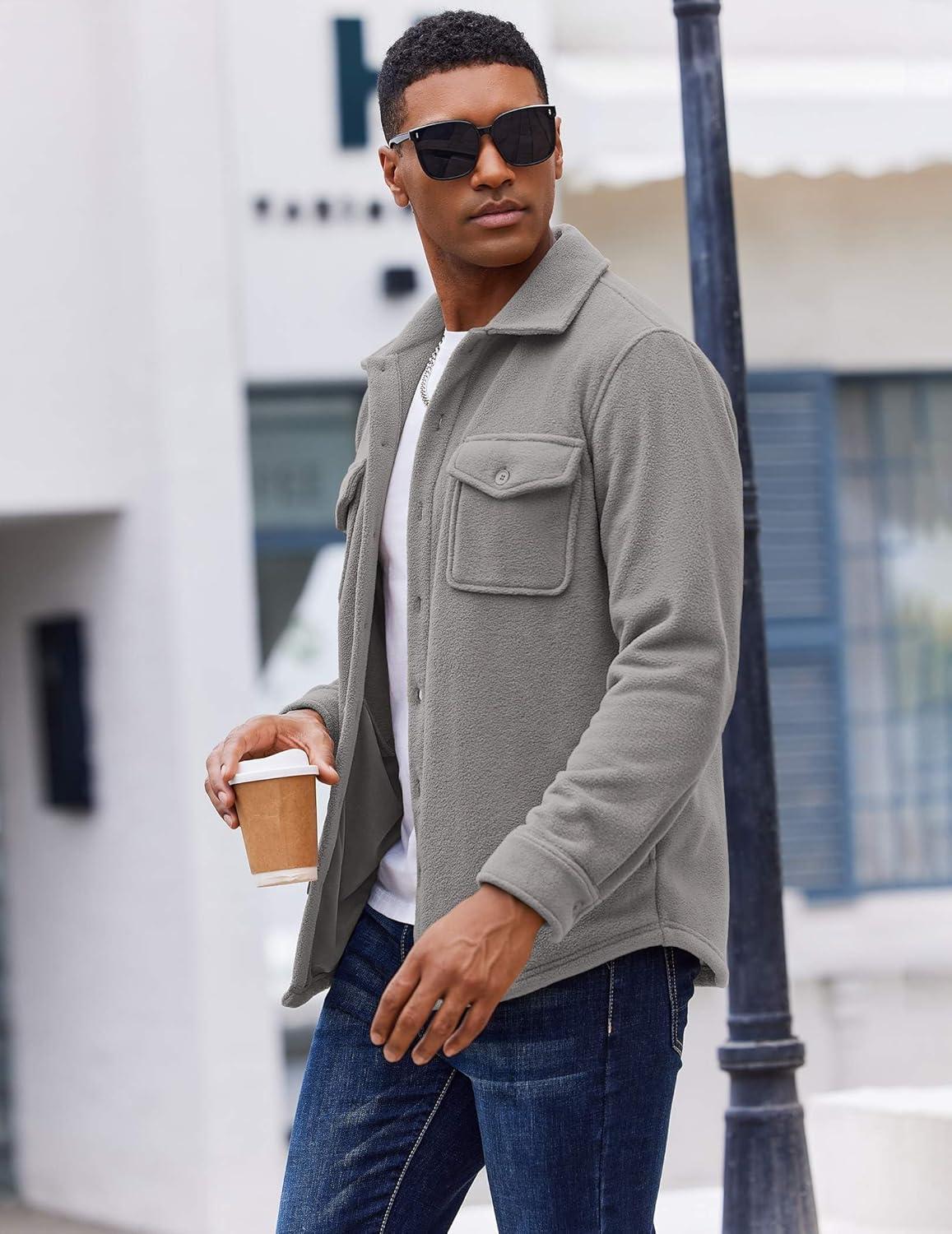 imageCOOFANDY Mens Polar Fleece Shirt Jacket Long Sleeve Casual Button Down Shirts Shacket with PocketsLight Gray