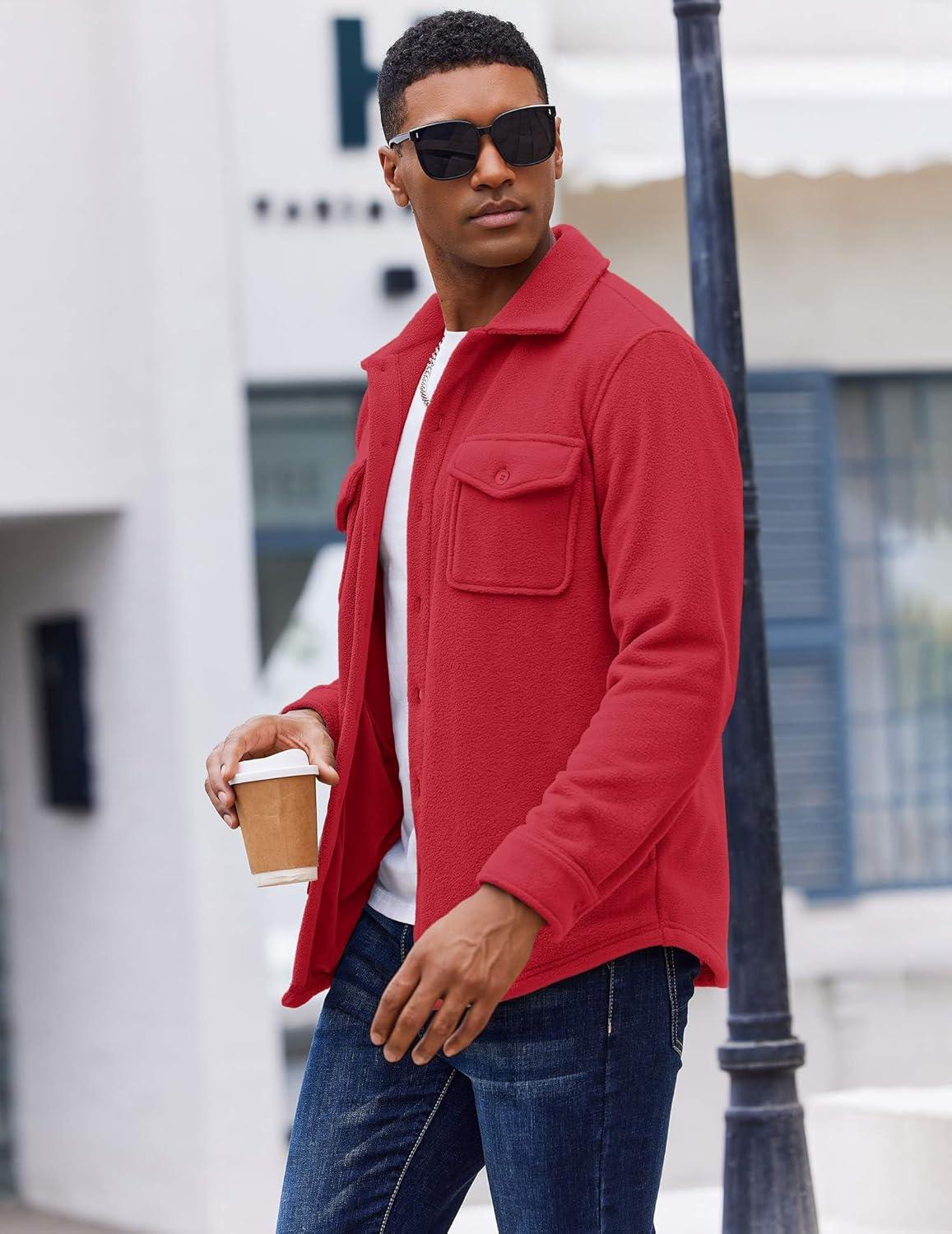 imageCOOFANDY Mens Polar Fleece Shirt Jacket Long Sleeve Casual Button Down Shirts Shacket with PocketsRed