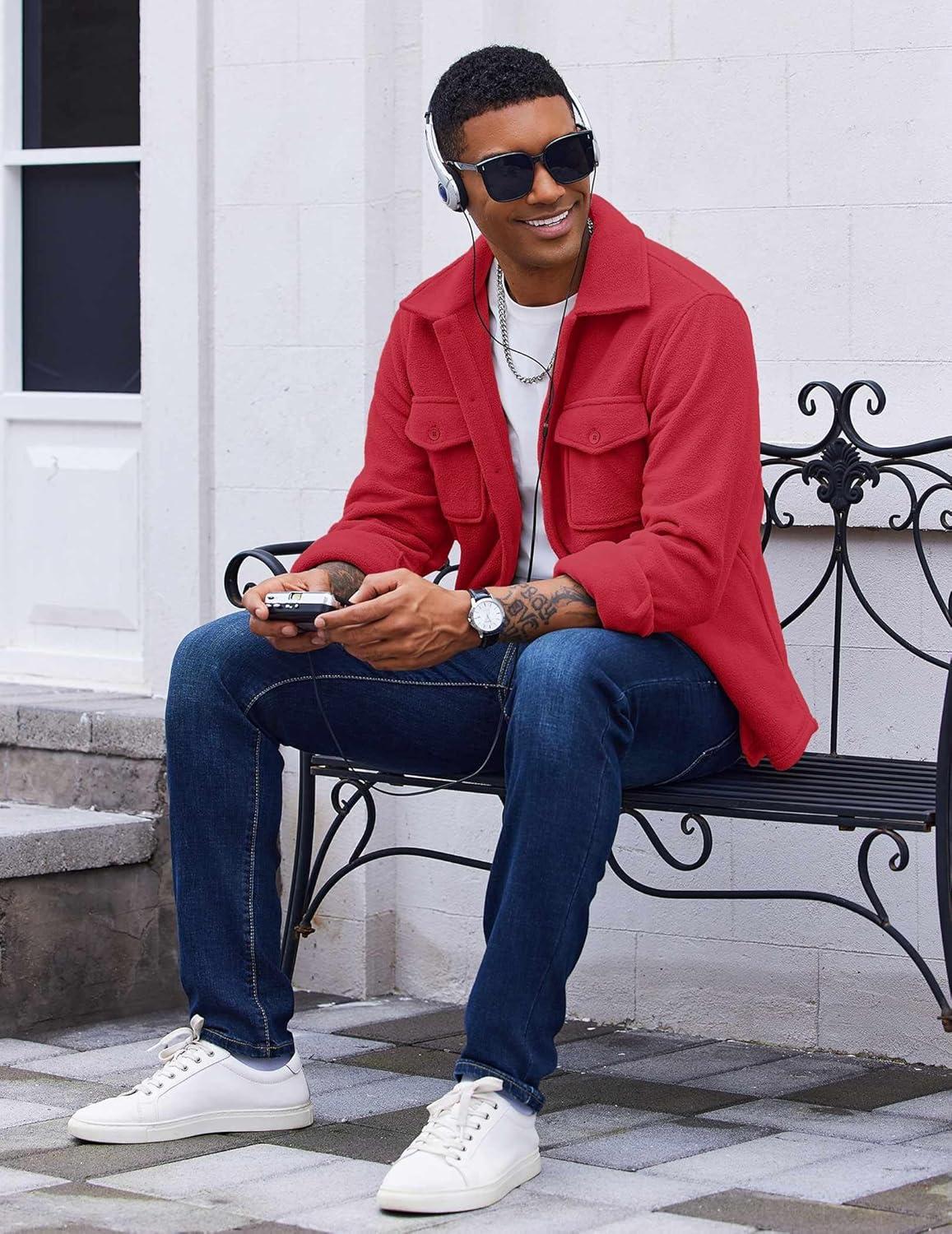 imageCOOFANDY Mens Polar Fleece Shirt Jacket Long Sleeve Casual Button Down Shirts Shacket with PocketsRed