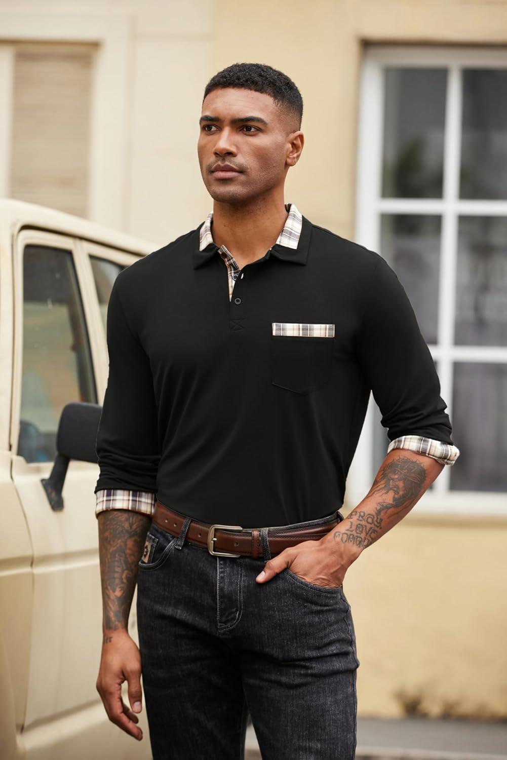 imageCOOFANDY Mens Polo Shirt Long Sleeve Casual Button Polo Tee Plaid Collared Golg Shirt with PocketAblack