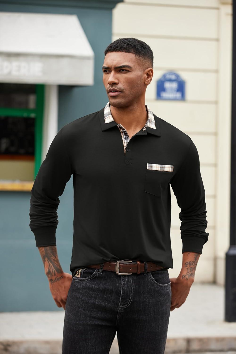 imageCOOFANDY Mens Polo Shirt Long Sleeve Casual Button Polo Tee Plaid Collared Golg Shirt with PocketAblack
