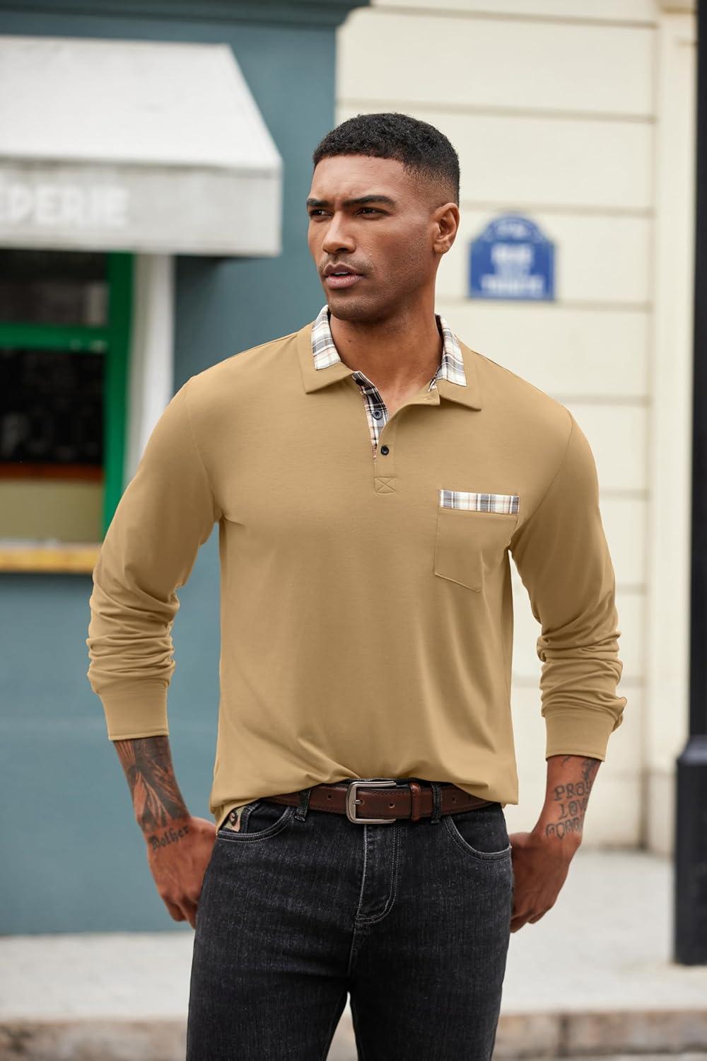 imageCOOFANDY Mens Polo Shirt Long Sleeve Casual Button Polo Tee Plaid Collared Golg Shirt with PocketCamel