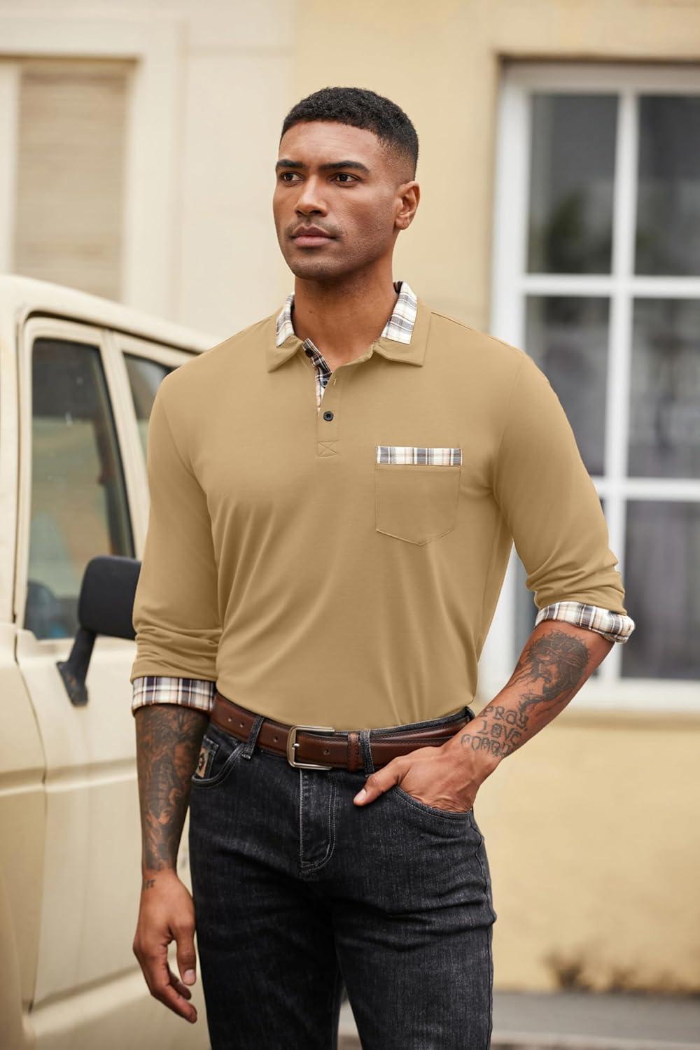 imageCOOFANDY Mens Polo Shirt Long Sleeve Casual Button Polo Tee Plaid Collared Golg Shirt with PocketCamel