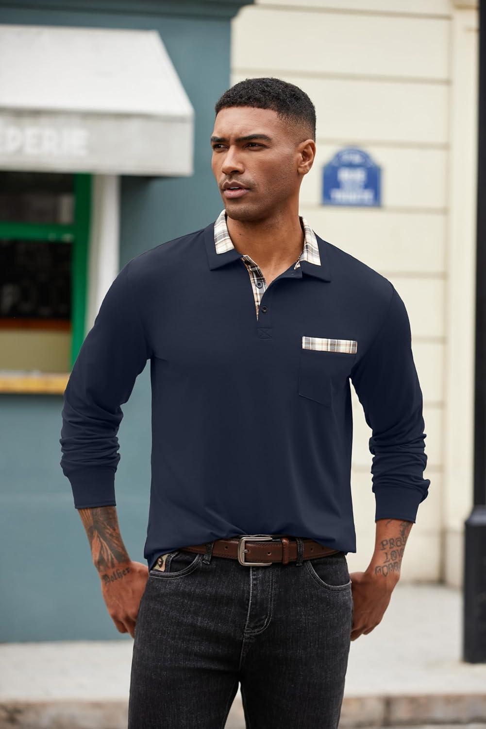 imageCOOFANDY Mens Polo Shirt Long Sleeve Casual Button Polo Tee Plaid Collared Golg Shirt with PocketDark Blue