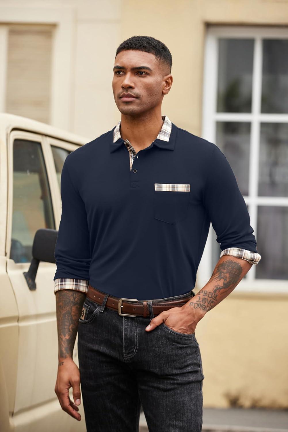 imageCOOFANDY Mens Polo Shirt Long Sleeve Casual Button Polo Tee Plaid Collared Golg Shirt with PocketDark Blue