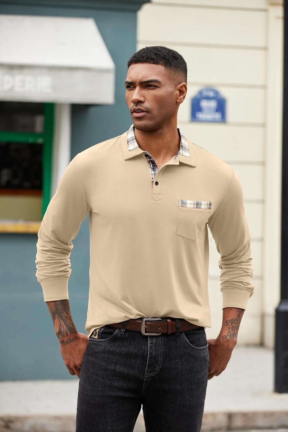 imageCOOFANDY Mens Polo Shirt Long Sleeve Casual Button Polo Tee Plaid Collared Golg Shirt with PocketKhaki
