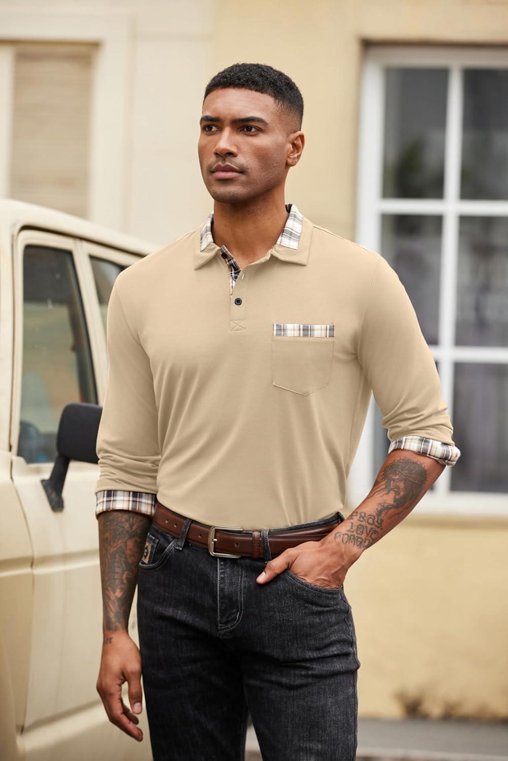 imageCOOFANDY Mens Polo Shirt Long Sleeve Casual Button Polo Tee Plaid Collared Golg Shirt with PocketKhaki