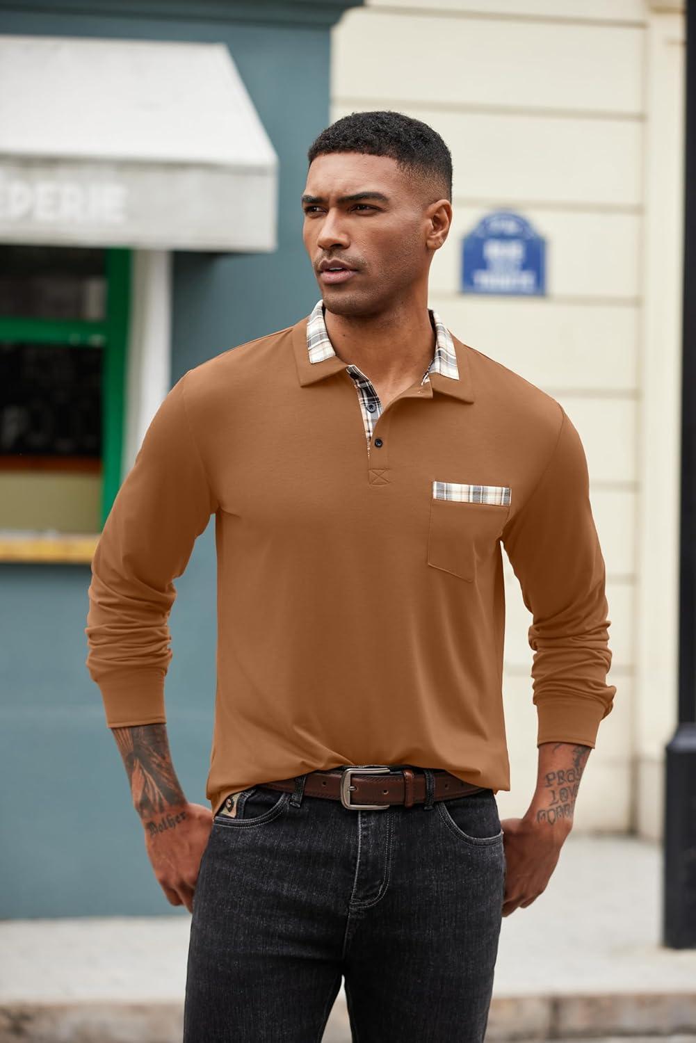 imageCOOFANDY Mens Polo Shirt Long Sleeve Casual Button Polo Tee Plaid Collared Golg Shirt with PocketLight Brown