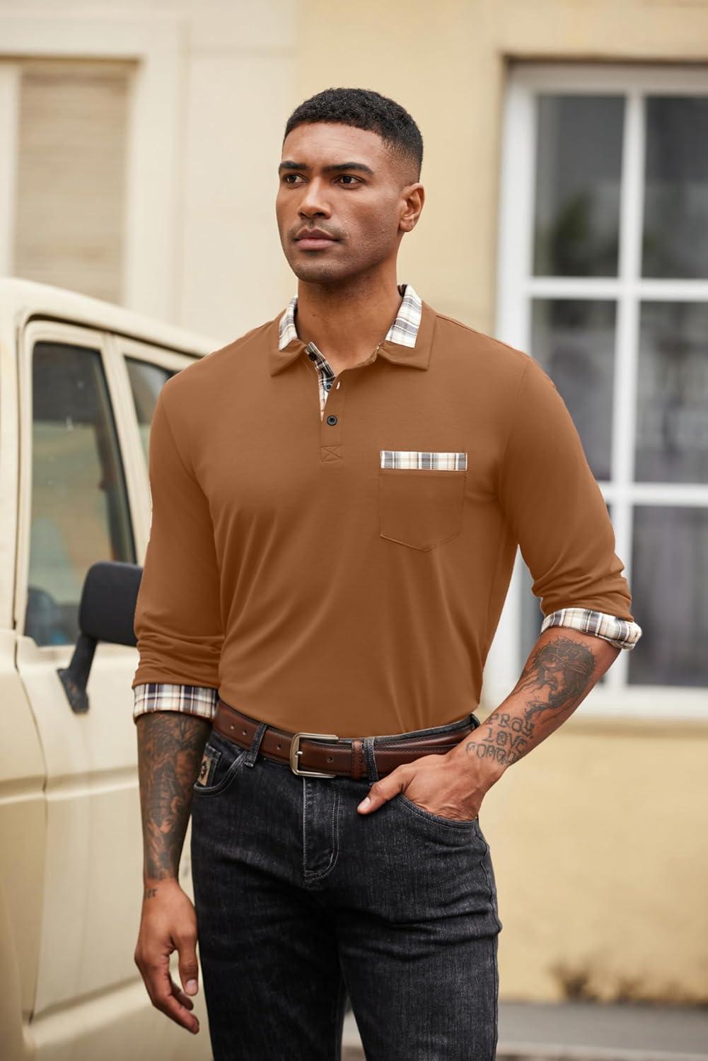 imageCOOFANDY Mens Polo Shirt Long Sleeve Casual Button Polo Tee Plaid Collared Golg Shirt with PocketLight Brown