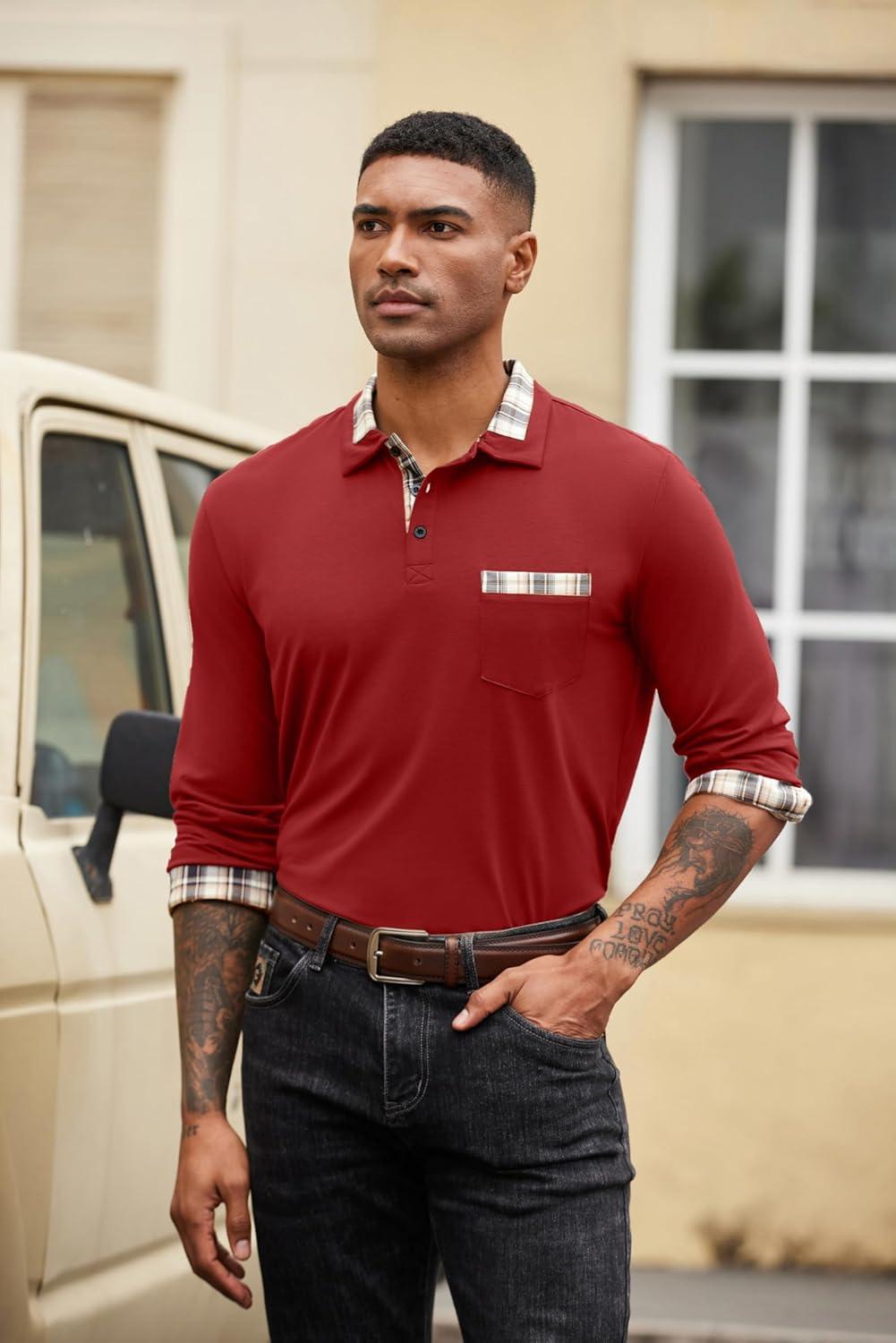 imageCOOFANDY Mens Polo Shirt Long Sleeve Casual Button Polo Tee Plaid Collared Golg Shirt with PocketRed