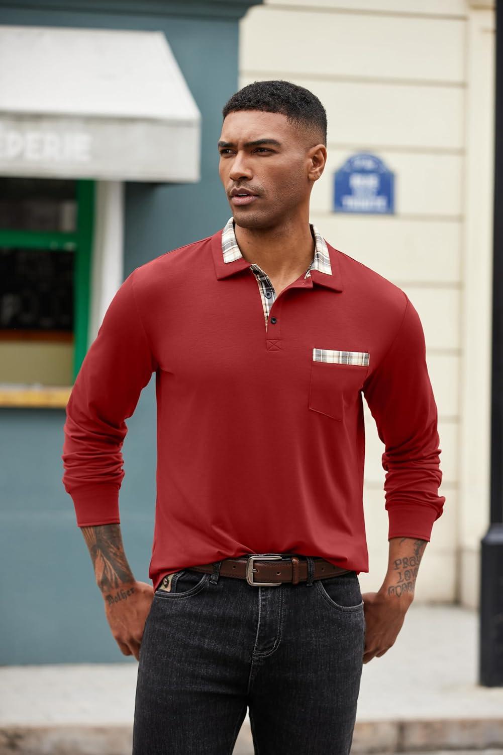 imageCOOFANDY Mens Polo Shirt Long Sleeve Casual Button Polo Tee Plaid Collared Golg Shirt with PocketRed