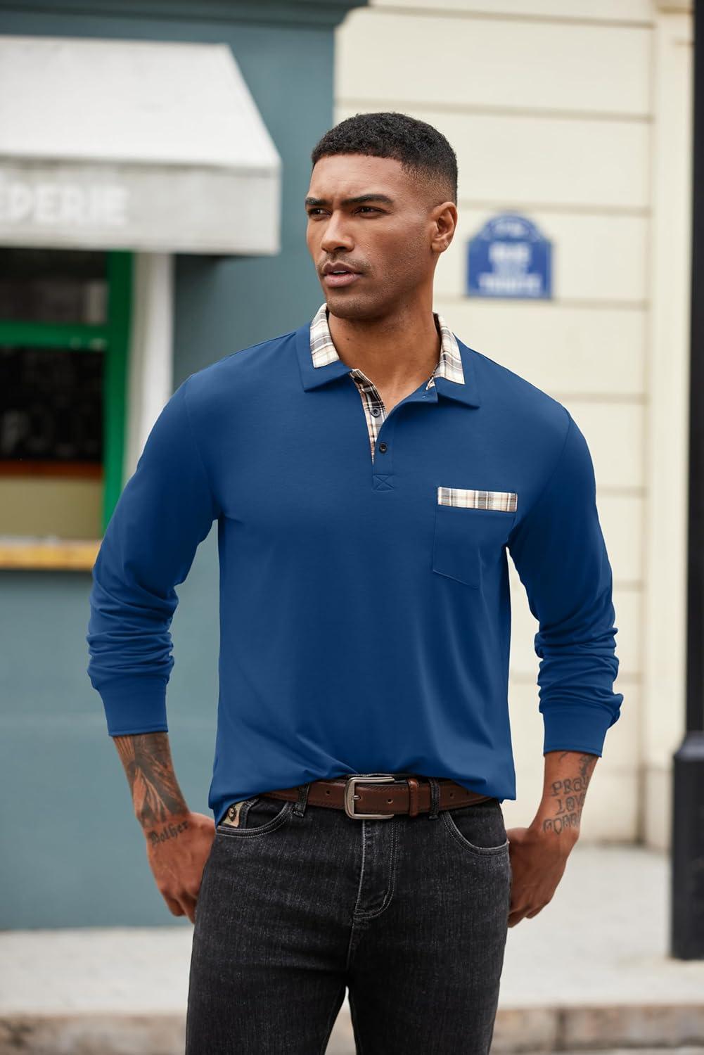 imageCOOFANDY Mens Polo Shirt Long Sleeve Casual Button Polo Tee Plaid Collared Golg Shirt with PocketRoyal Blue