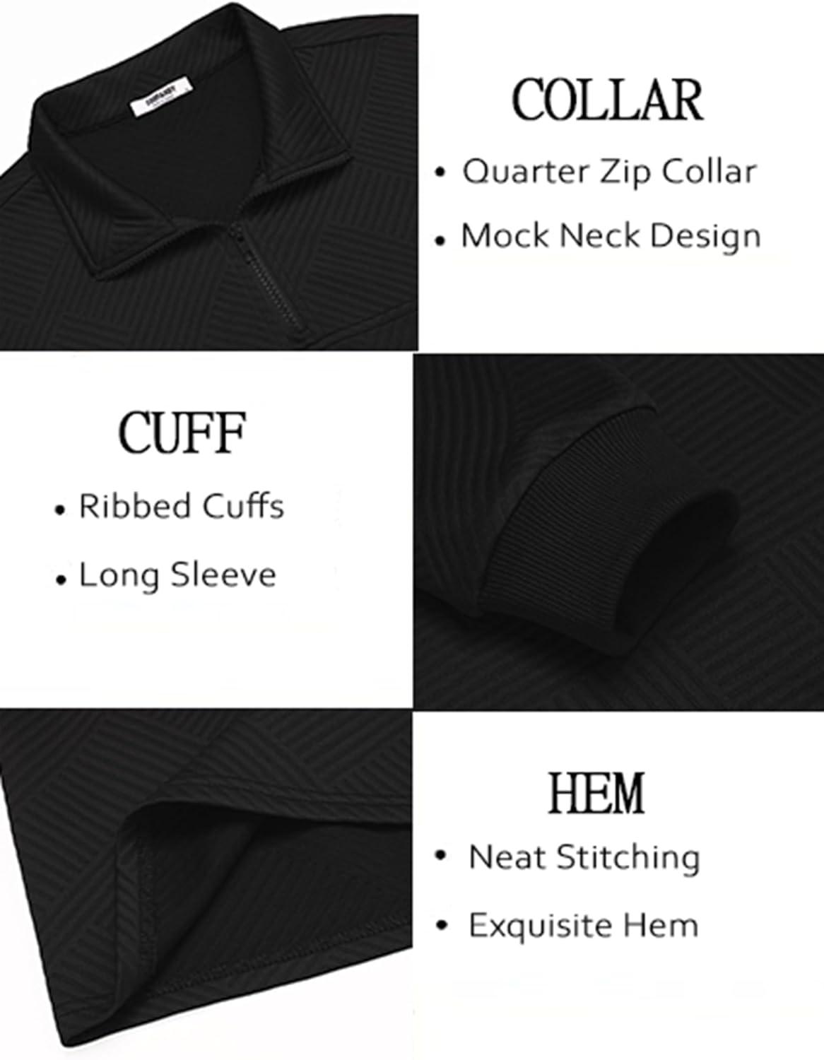 imageCOOFANDY Mens Quarter Zip Pullover Lightweight Textured TShirts Long Sleeve Casual Mock Neck Polo ShirtsAll Black