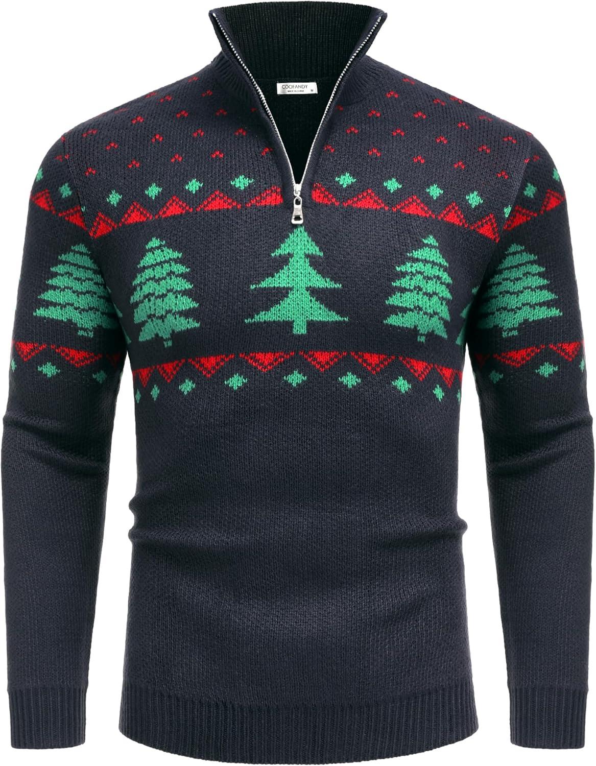 imageCOOFANDY Mens Quarter Zip Pullover Sweater Casual Zip Up Polo Sweater KnitBlack and Green Christmas Tree