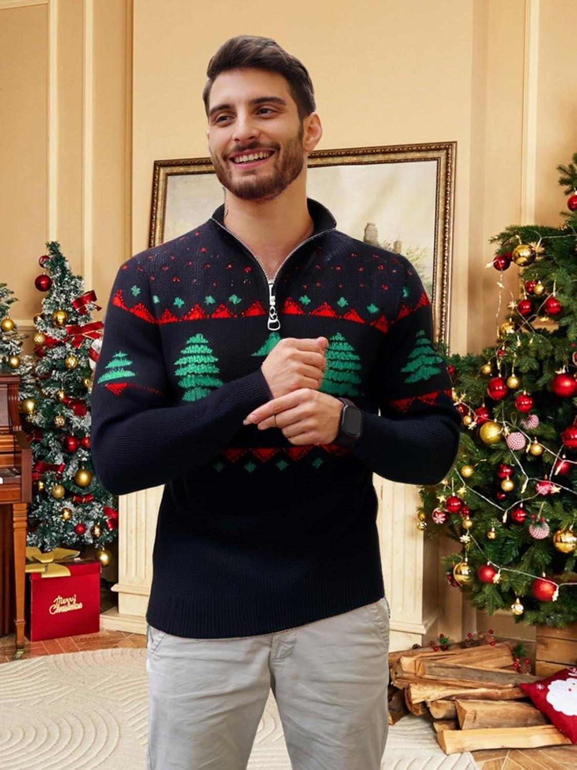 imageCOOFANDY Mens Quarter Zip Pullover Sweater Casual Zip Up Polo Sweater KnitBlack and Green Christmas Tree