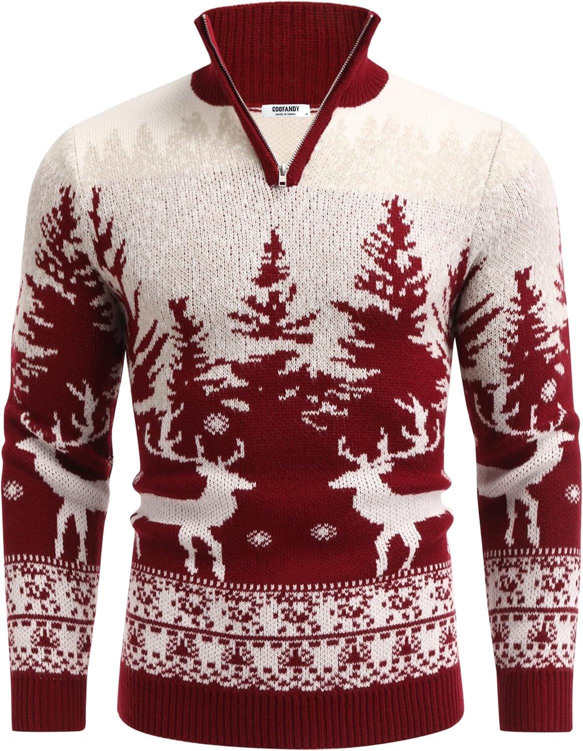 imageCOOFANDY Mens Quarter Zip Pullover Sweater Casual Zip Up Polo Sweater KnitRed and White Deer