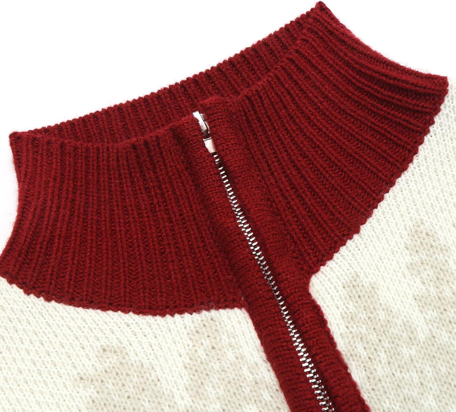 imageCOOFANDY Mens Quarter Zip Pullover Sweater Casual Zip Up Polo Sweater KnitRed and White Deer