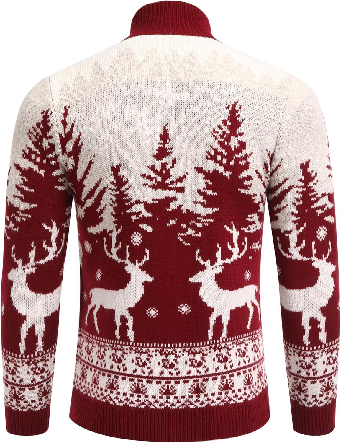 imageCOOFANDY Mens Quarter Zip Pullover Sweater Casual Zip Up Polo Sweater KnitRed and White Deer
